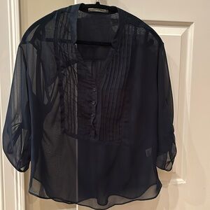 GUC. Olivia Moon. Sheer navy blouse with pleats,  buttons and roll up sleeves.
